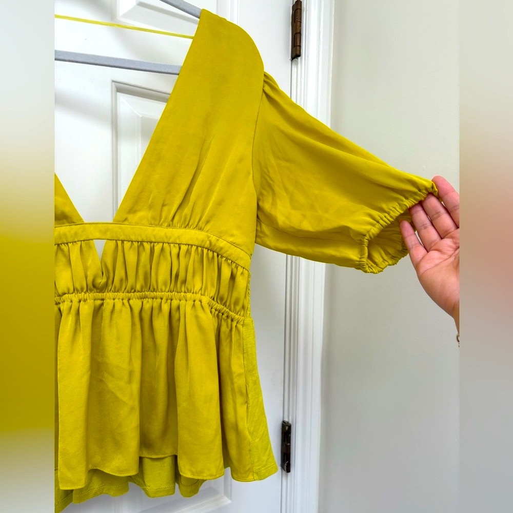 Anthropologie Yellow Green Deep V Peplum Blouse - Picture 2 of 7
